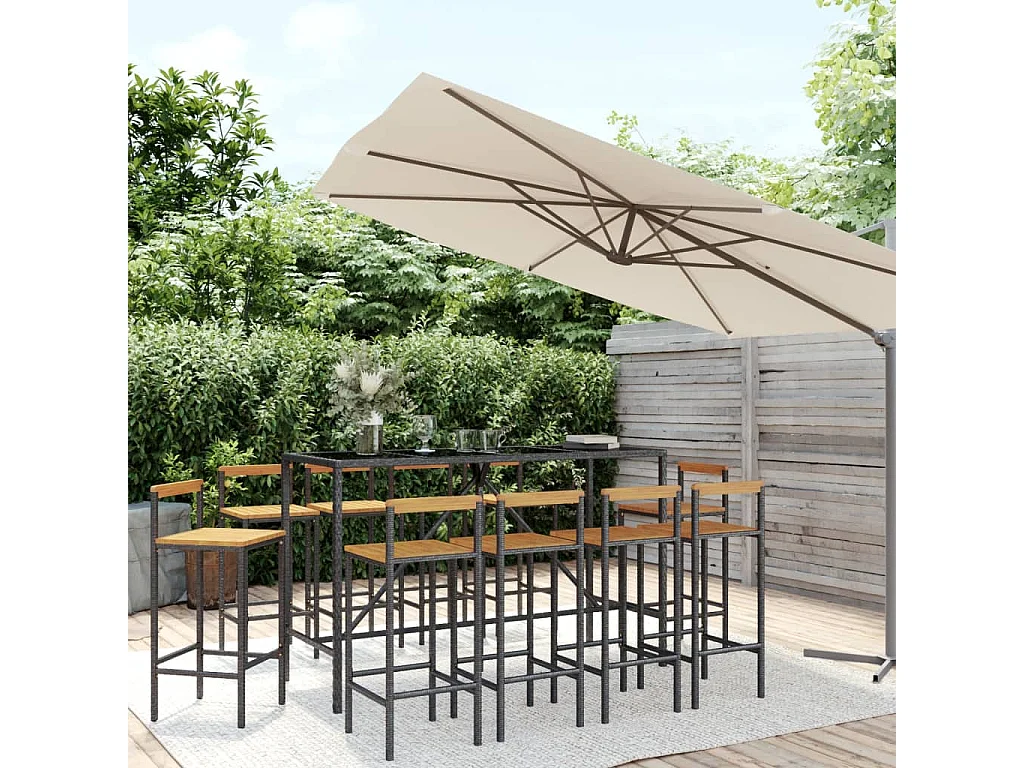 Ensemble de bar jardin 11pcs noir poly rotin-bois massif acacia