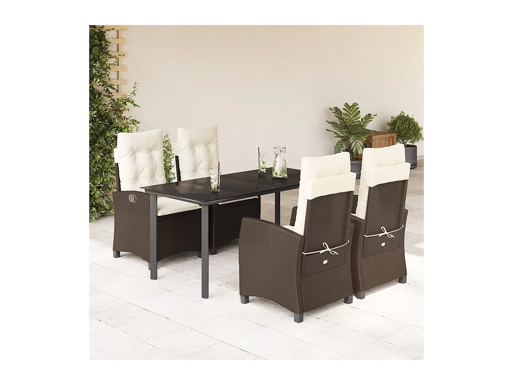 Ensemble à manger de jardin 5 pcs et coussins marron poly rotin