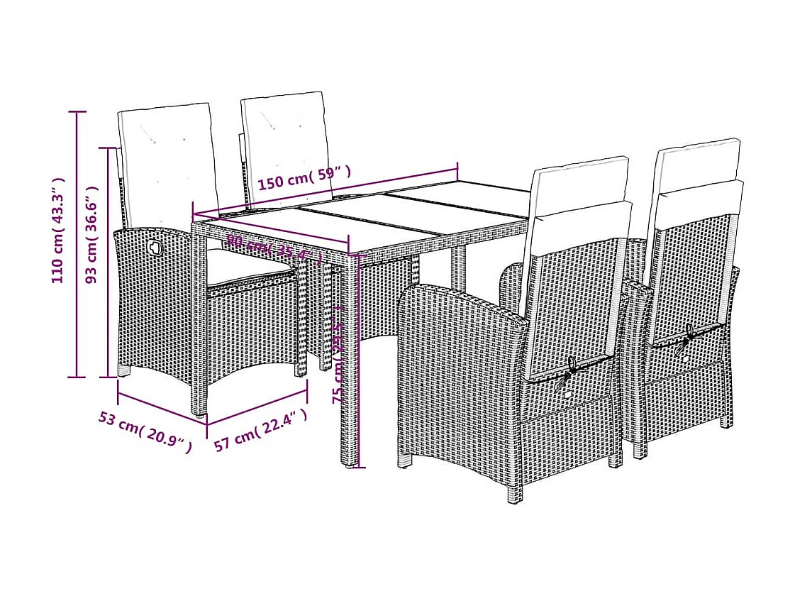Ensemble à manger de jardin coussins 5pcs Noir Résine tressée