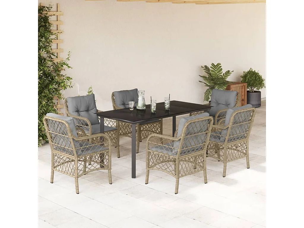 Ensemble à manger de jardin coussins 7 pcs mélange beige rotin