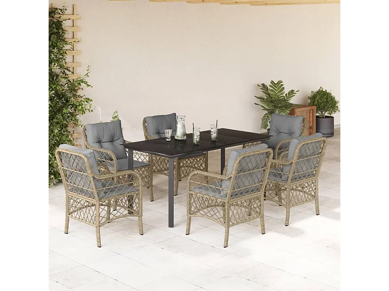 Ensemble à manger de jardin coussins 7 pcs mélange beige rotin