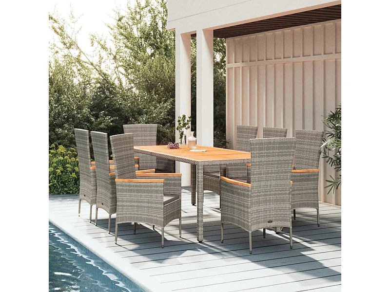 Ensemble à manger de jardin 9 pcs coussins gris résine tressée