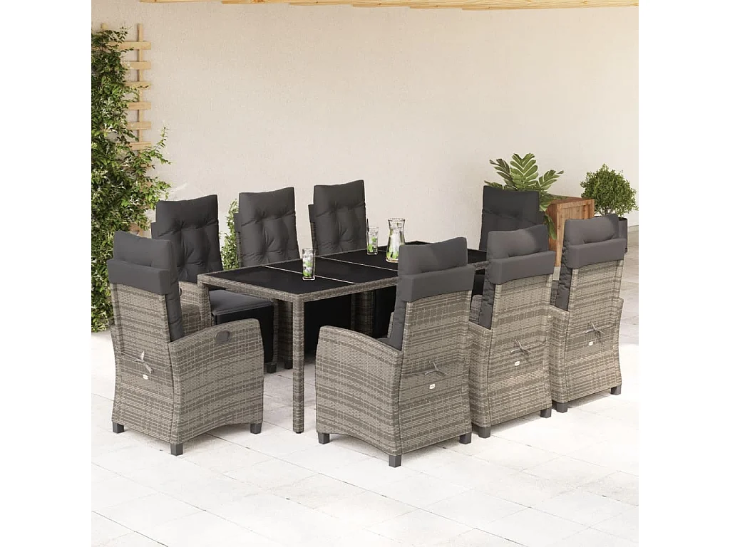 Ensemble à manger de jardin 9 pcs coussins gris résine tressée