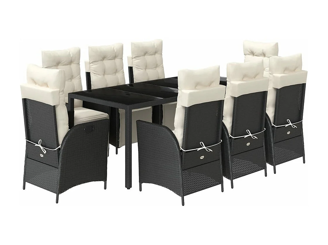 Ensemble à manger de jardin 9pcs coussins noir résine tressée