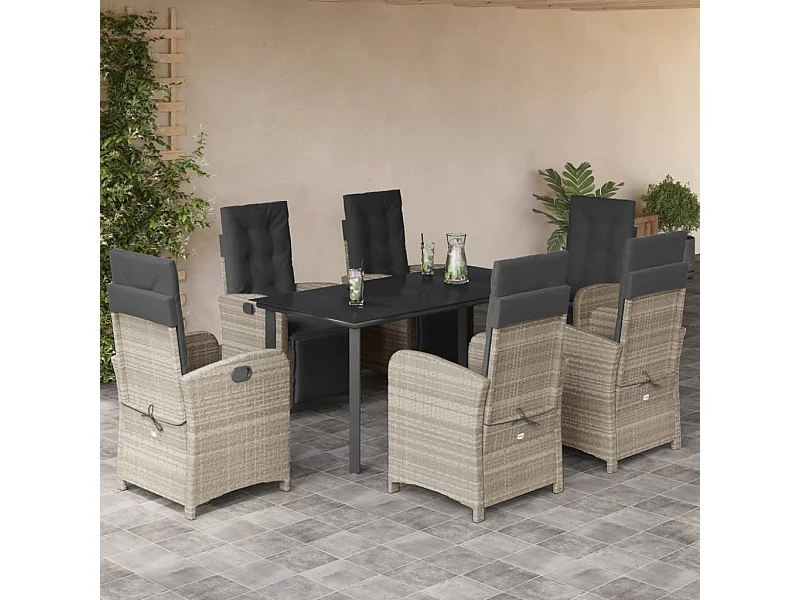Ensemble à manger de jardin et coussins 7 pcs gris clair rotin
