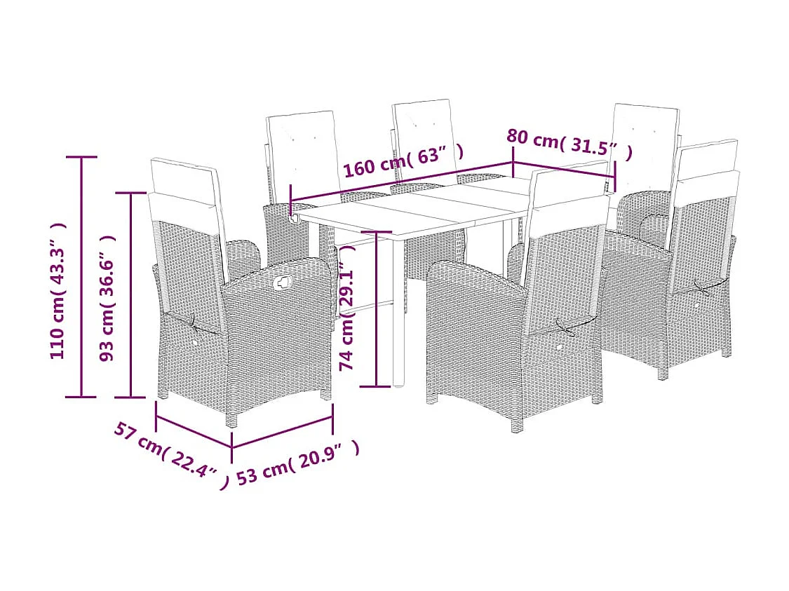 Ensemble à manger de jardin et coussins 7 pcs gris clair rotin
