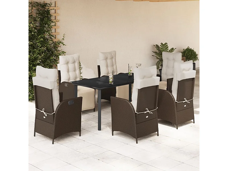 Ensemble à manger de jardin et coussins 7 pcs marron rotin