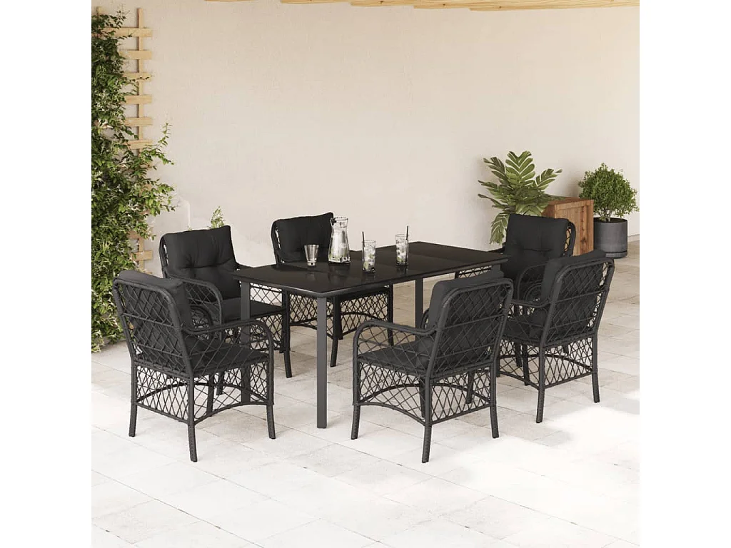 Ensemble à manger de jardin coussins 7pcs Noir Résine tressée