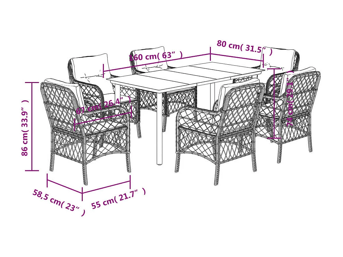 Ensemble à manger de jardin coussins 7pcs Noir Résine tressée