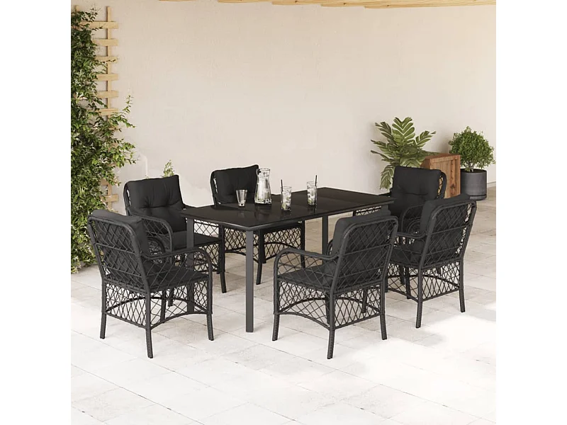 Ensemble à manger de jardin coussins 7pcs Noir Résine tressée