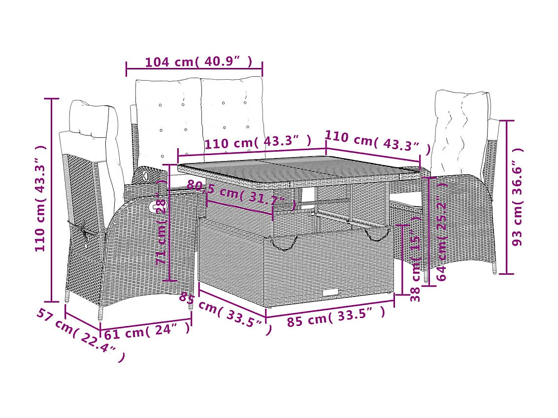 Ensemble à manger jardin 4pcs et coussins Gris Résine tressée