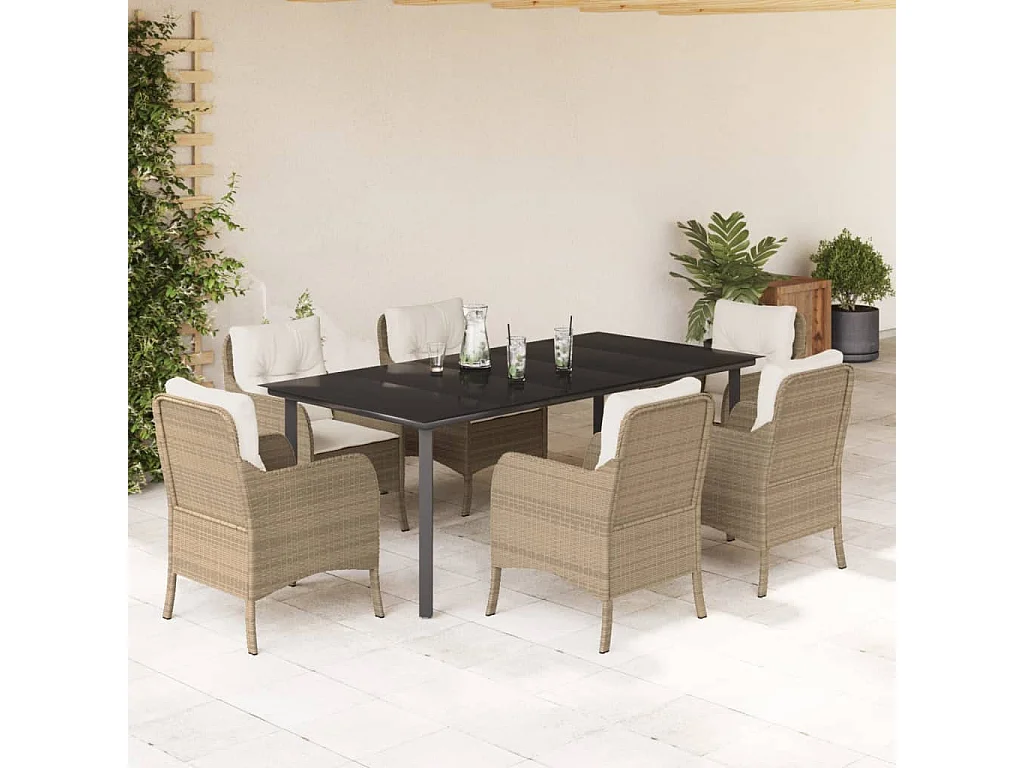 Ensemble à manger de jardin et coussins 7 pcs beige poly rotin