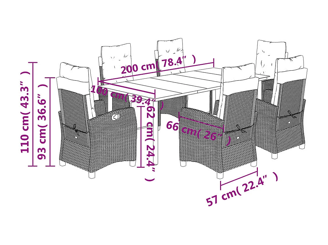 Ensemble à manger de jardin coussins 7pcs Noir Résine tressée