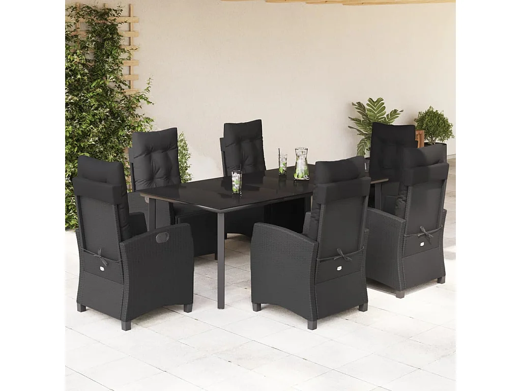 Ensemble à manger de jardin coussins 7pcs Noir Résine tressée
