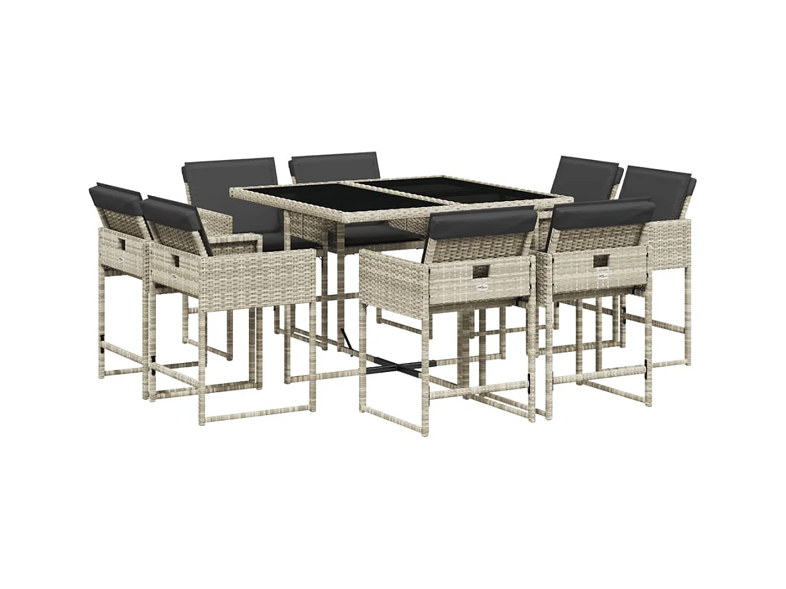 Ensemble à manger de jardin et coussins 9 pcs gris clair rotin