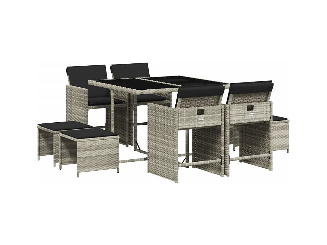Ensemble à manger de jardin et coussins 9 pcs gris clair rotin