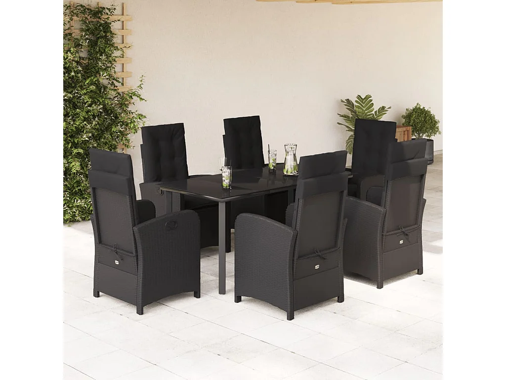Ensemble à manger de jardin coussins 7pcs Noir Résine tressée