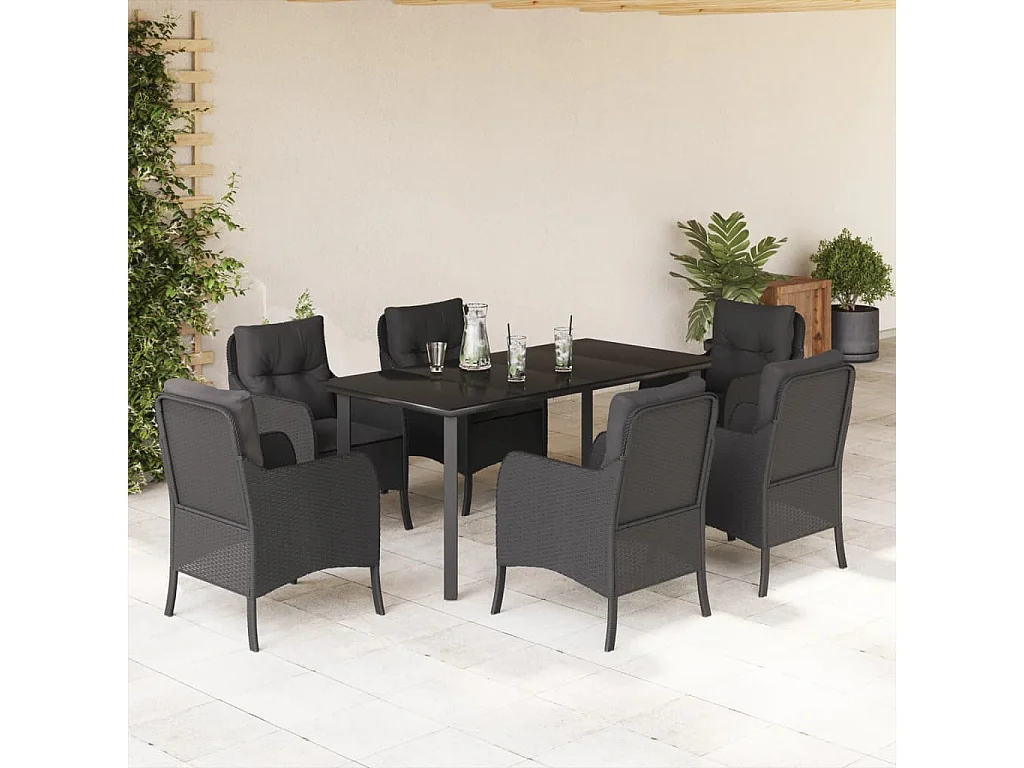 vidaXL Set de comedor de jardín 7 pzas y cojines ratán sintético negro
