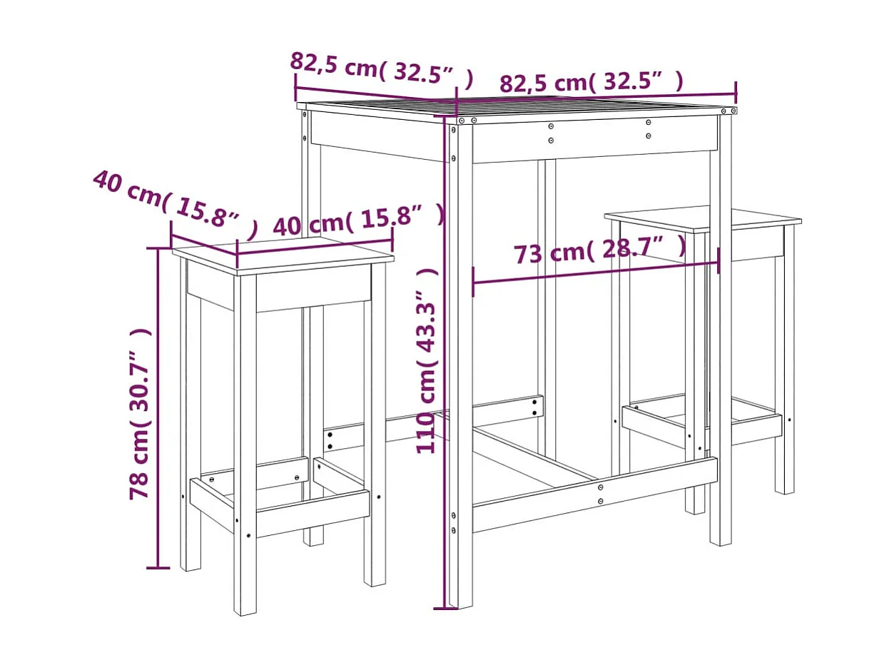 Ensemble de bar de jardin 3 pcs blanc bois de pin massif