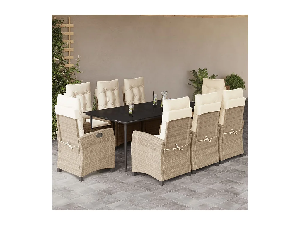 Ensemble à manger de jardin et coussins 9 pcs beige Poly rotin