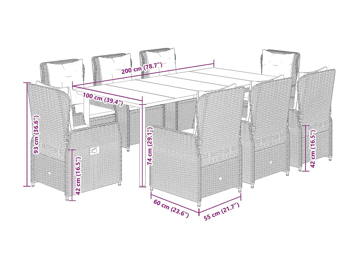 Ensemble à manger de jardin et coussins 9 pcs marron poly rotin