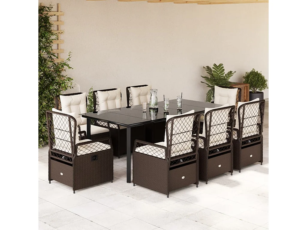 Ensemble à manger de jardin et coussins 9 pcs marron poly rotin