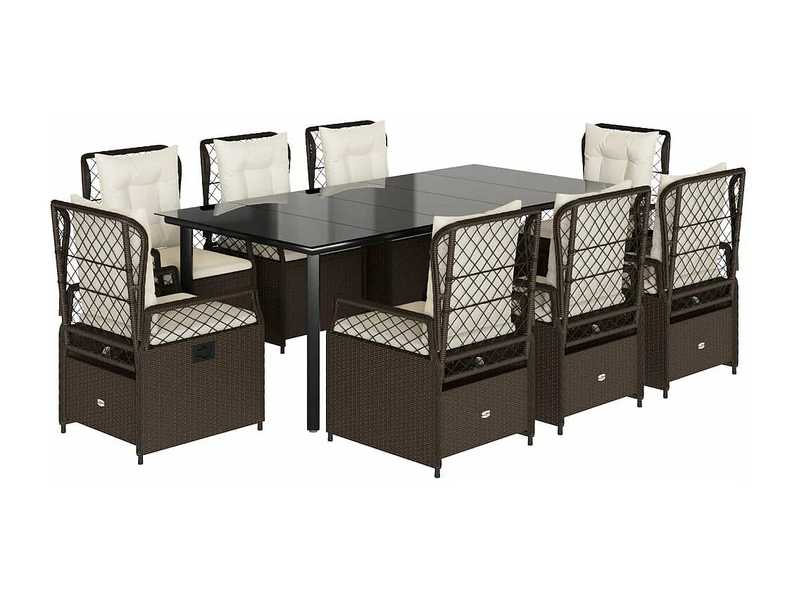 Ensemble à manger de jardin et coussins 9 pcs marron poly rotin