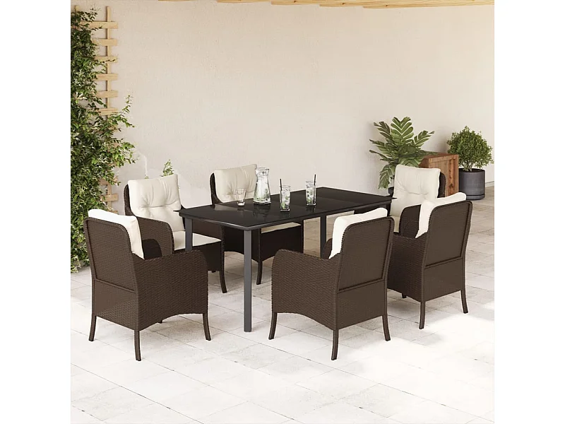 Ensemble à manger de jardin et coussins 7 pcs marron rotin