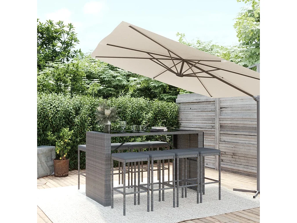 Ensemble de bar de jardin 9 pcs avec coussins gris poly rotin