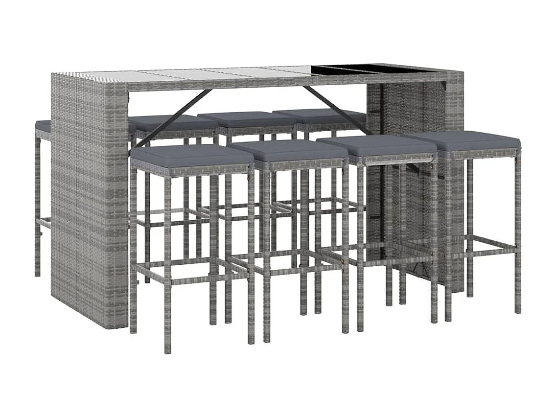 Ensemble de bar de jardin 9 pcs avec coussins gris poly rotin