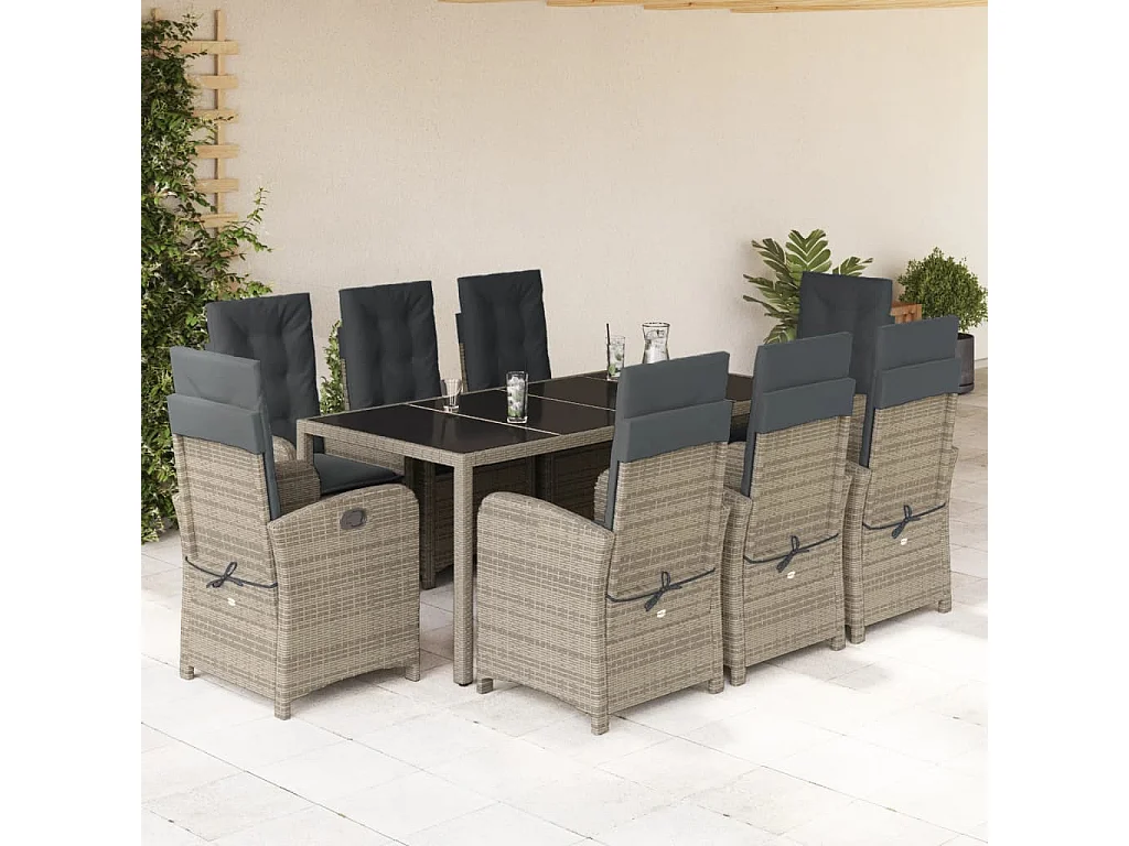 Ensemble à manger de jardin 9 pcs coussins gris résine tressée