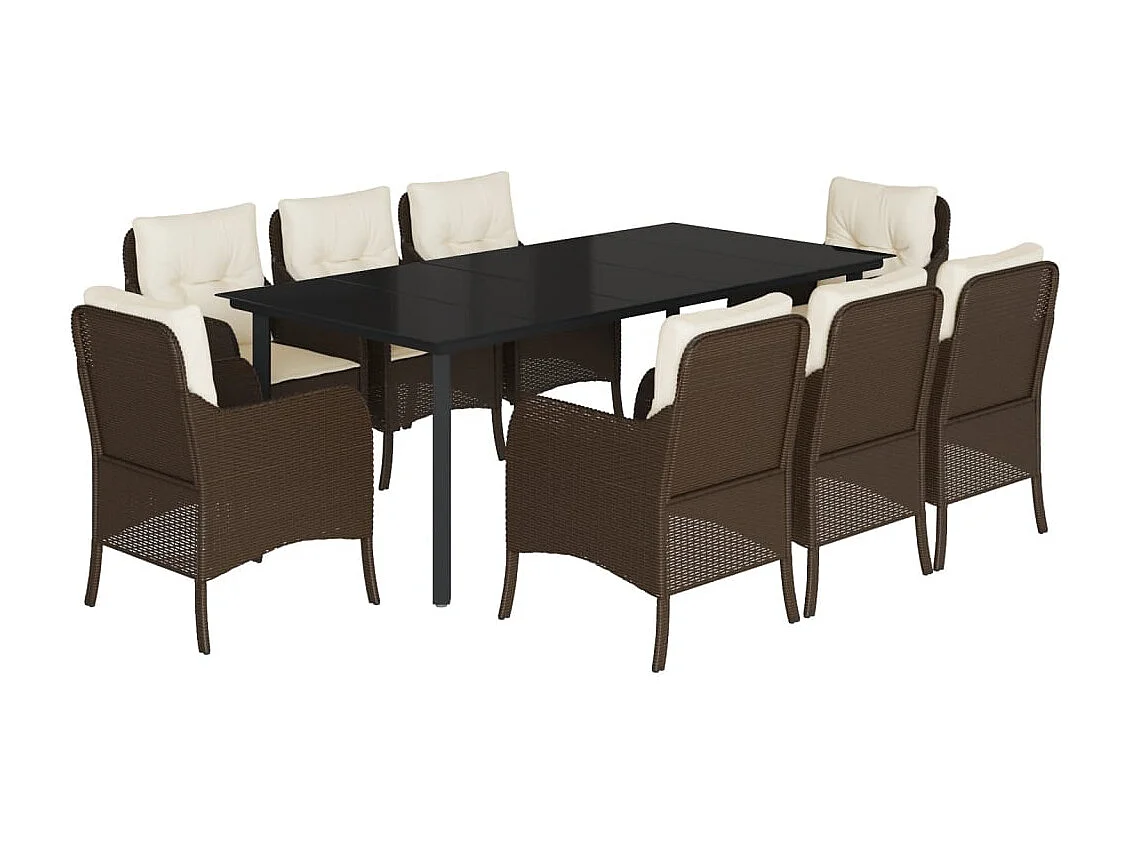 Ensemble à manger de jardin et coussins 9 pcs marron poly rotin