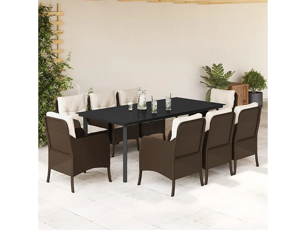 Ensemble à manger de jardin et coussins 9 pcs marron poly rotin
