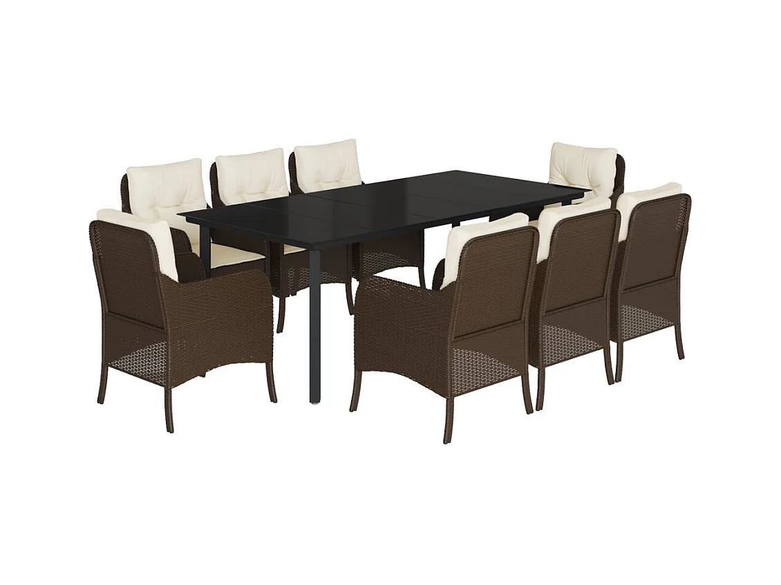 Ensemble à manger de jardin et coussins 9 pcs marron poly rotin