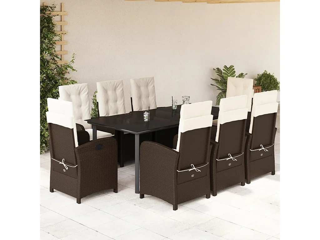 Ensemble à manger de jardin et coussins 9 pcs marron poly rotin