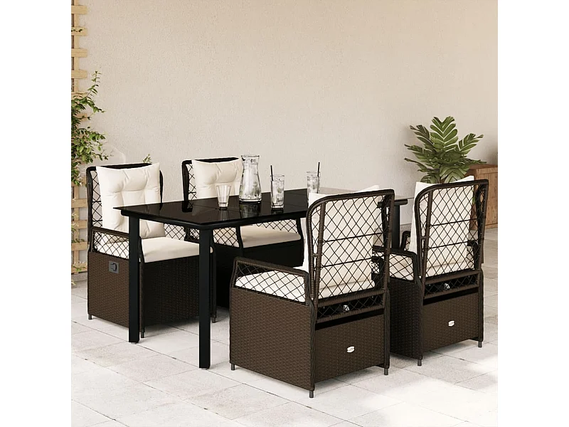 Ensemble à manger de jardin 5 pcs et coussins marron poly rotin