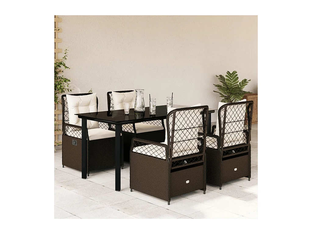 Ensemble à manger de jardin 5 pcs et coussins marron poly rotin
