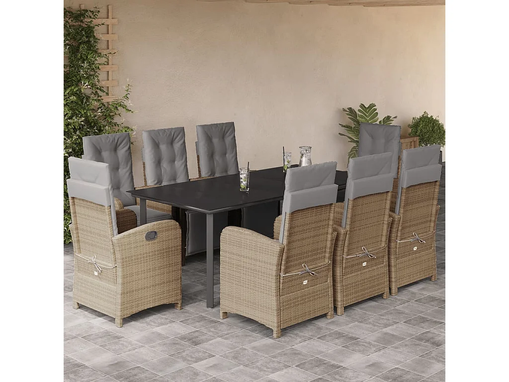 Ensemble à manger de jardin et coussins 9 pcs beige Poly rotin