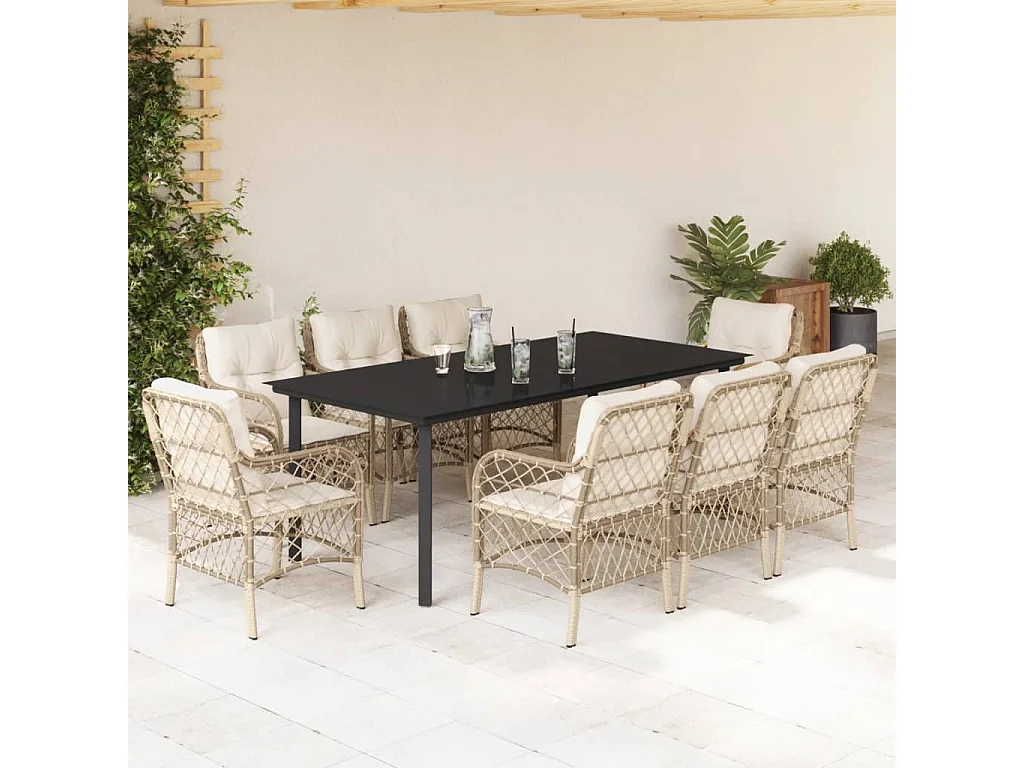 Ensemble à manger de jardin et coussins 9 pcs beige Poly rotin