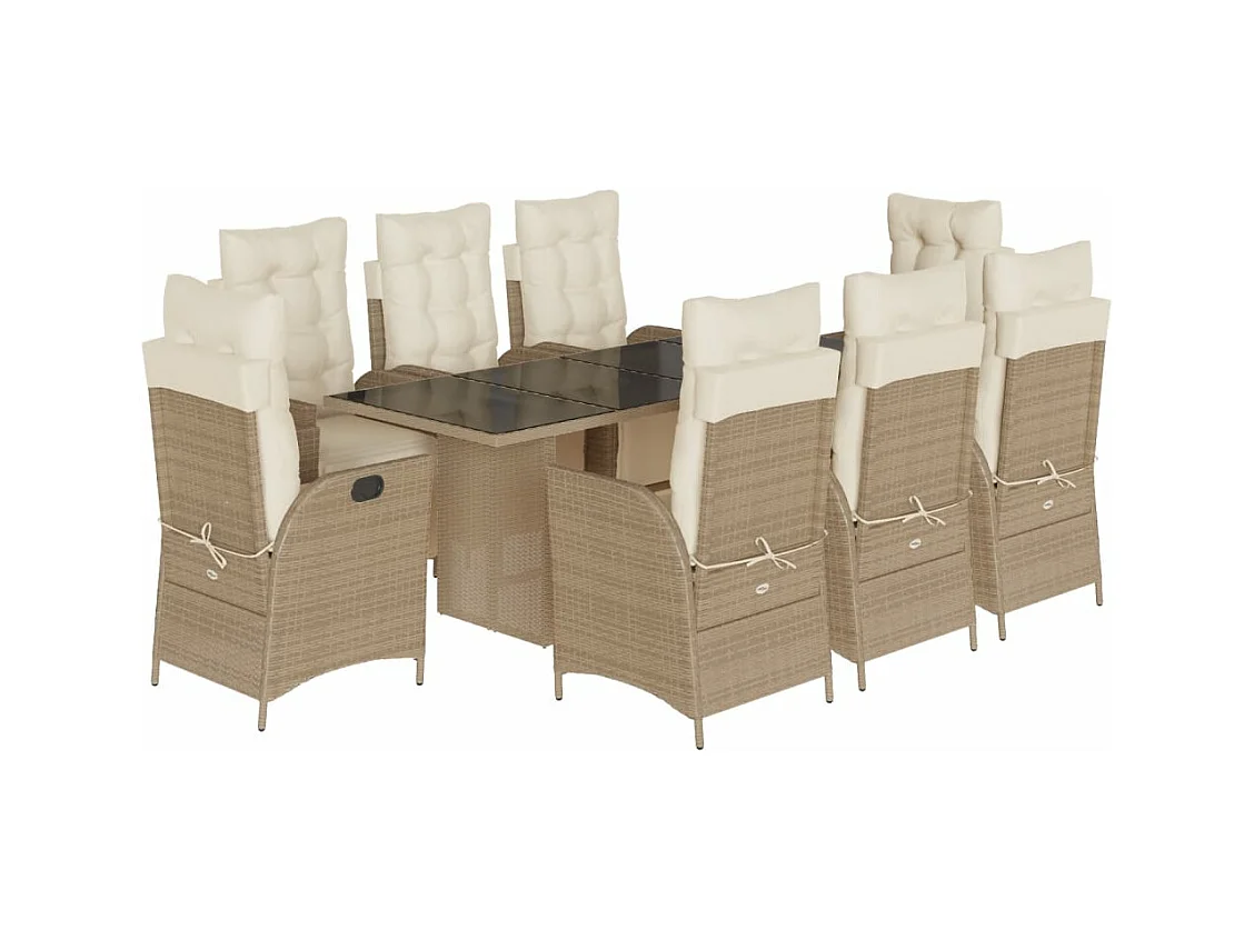 Ensemble à manger de jardin et coussins 9 pcs beige Poly rotin