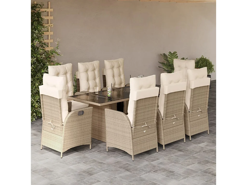 Ensemble à manger de jardin et coussins 9 pcs beige Poly rotin