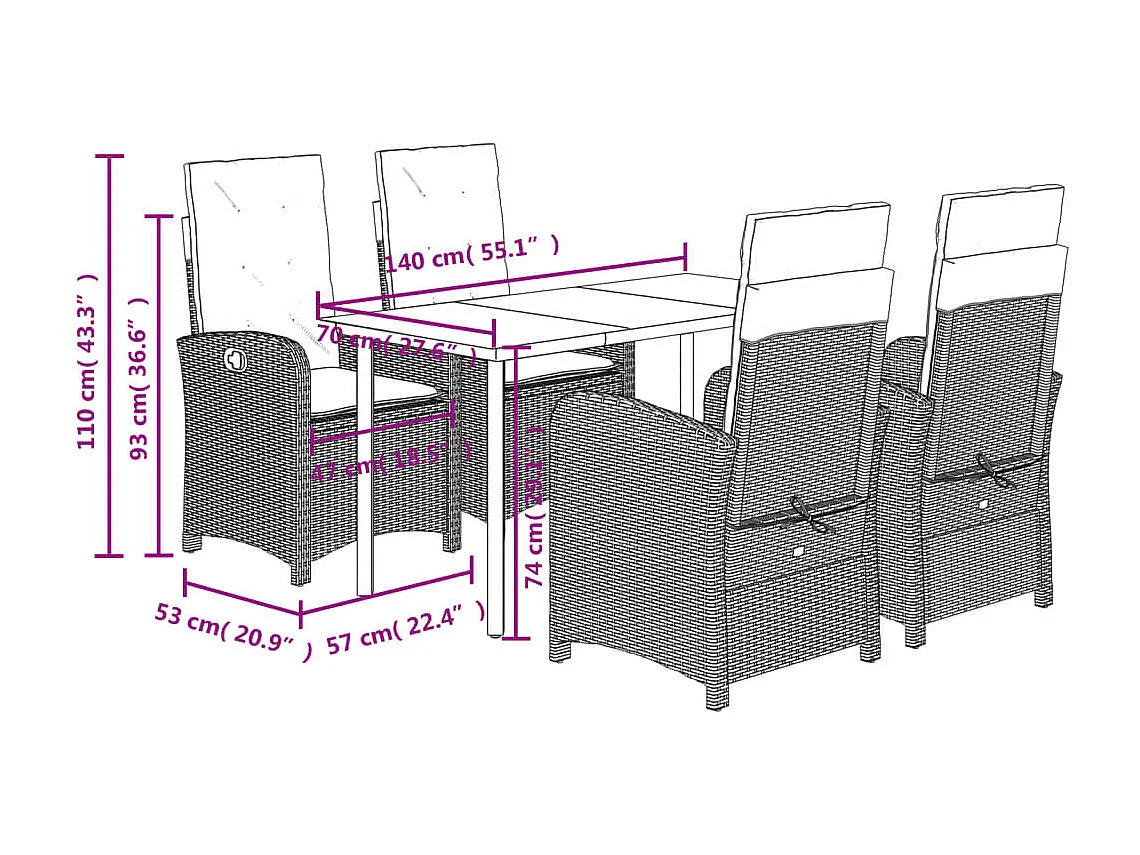 Ensemble à manger de jardin et coussins 5 pcs gris clair rotin