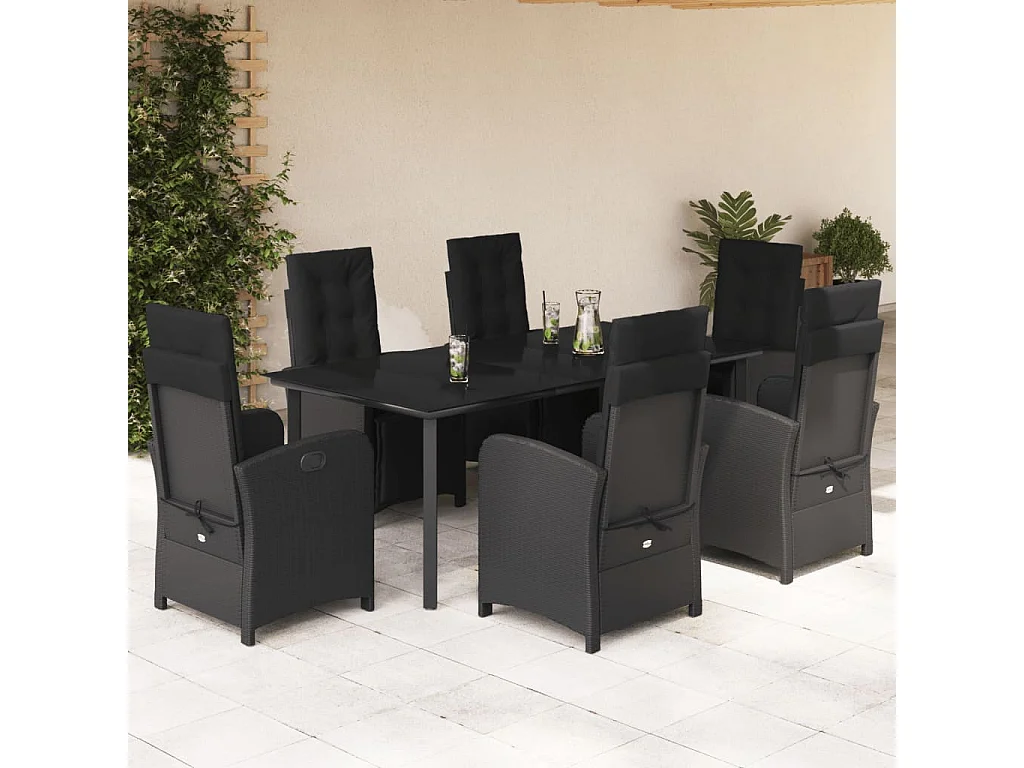 Ensemble à manger de jardin coussins 7pcs Noir Résine tressée