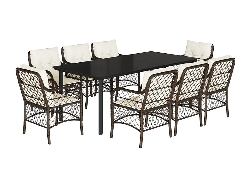 Ensemble à manger de jardin et coussins 9 pcs marron poly rotin