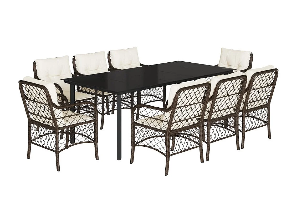 Ensemble à manger de jardin et coussins 9 pcs marron poly rotin