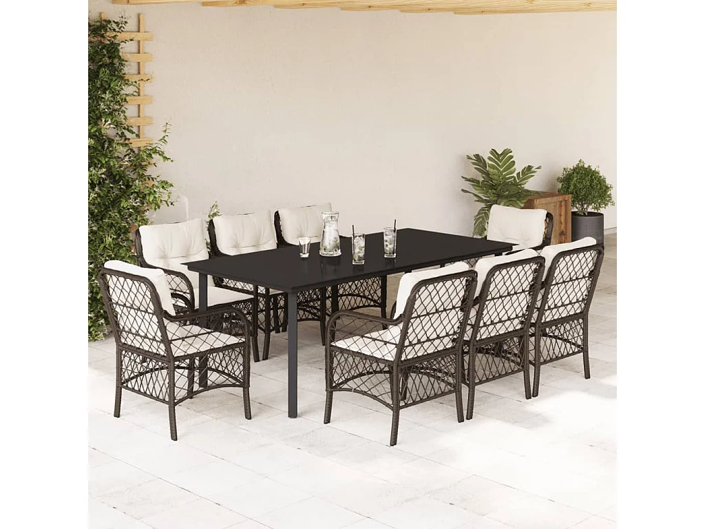 Ensemble à manger de jardin et coussins 9 pcs marron poly rotin
