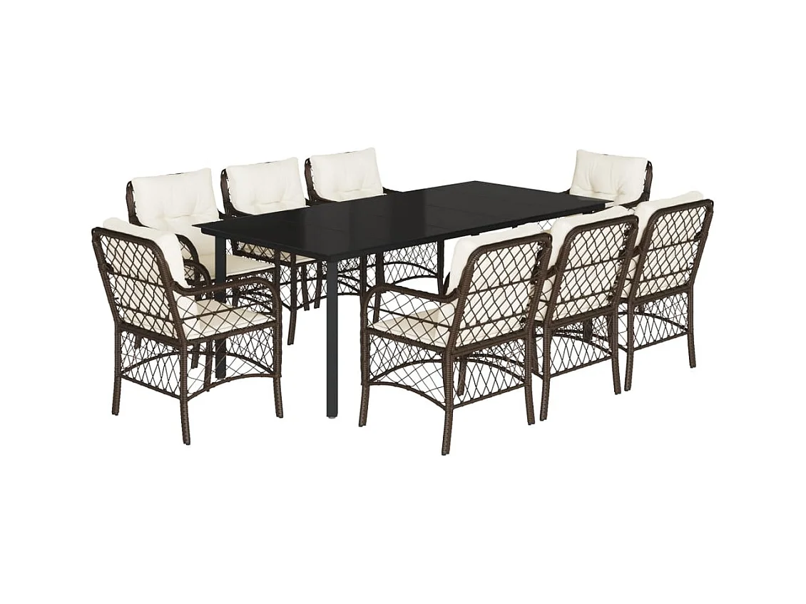 Ensemble à manger de jardin et coussins 9 pcs marron poly rotin