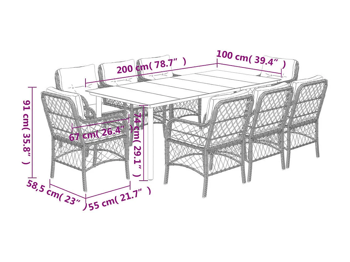 Ensemble à manger de jardin et coussins 9 pcs marron poly rotin