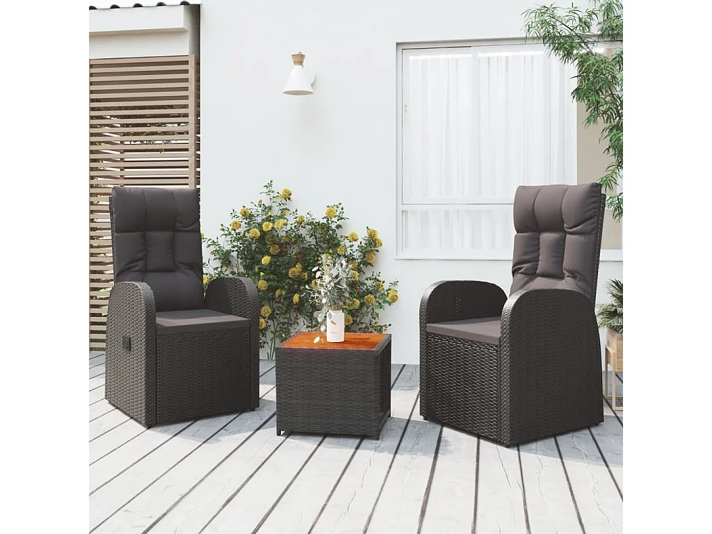Ensemble de salon de jardin 3 pcs noir poly rotin et acacia
