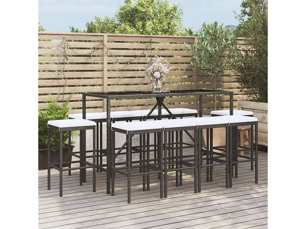 Ensemble de bar de jardin 11 pcs avec coussins noir poly rotin